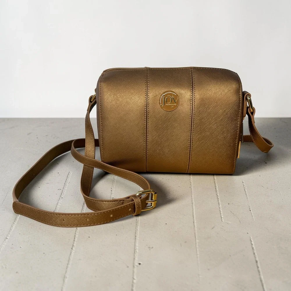 Joy Mangano Bronze Metallic Saffiano Crossbody Bag RFID Organizer Gold Hardware